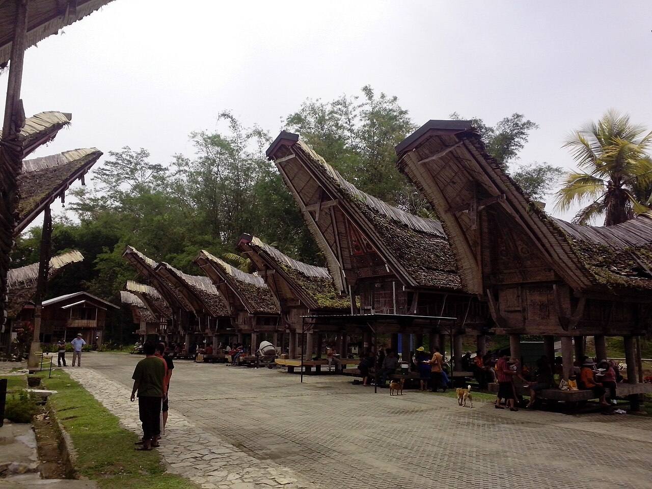 Visitors walking between tongkonan and rice barns at Kete Kesu