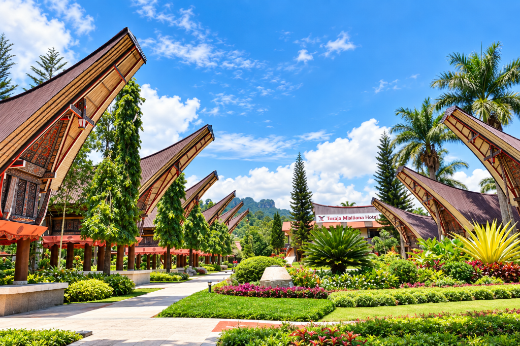 Landscaped garden path between tongkonan-style buildings at Toraja Misiliana
